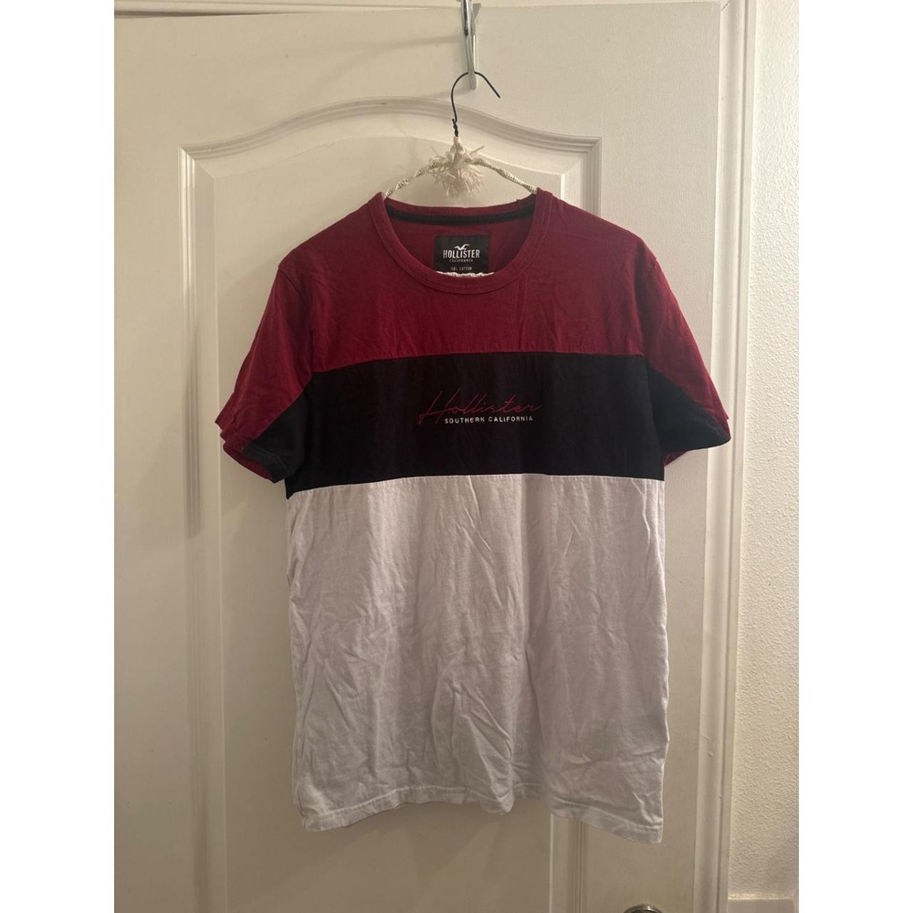 Hollister Mens Colorblock Script Logo T-Shirt Burgundy Black White Medium